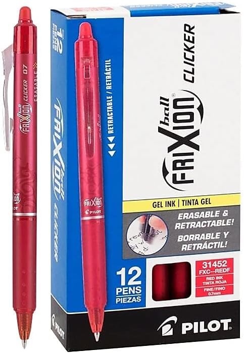 Pilot FriXion Clicker Erasable Gel Pens, Fine Point 0.7 mm, Red, Pack of 12