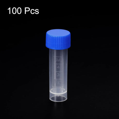 PATIKIL 5mL Plastic Test Tubes, 100 Pack, Blue Screw Cap for Lab Storage, Clear Container for Laboratory Science