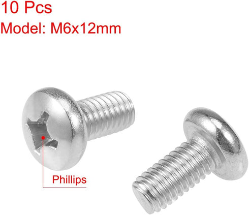 uxcell M6x12mm Phillips Cross Pan Head Machine Screws 304 Stainless Steel Fasteners Bolts 10Pcs