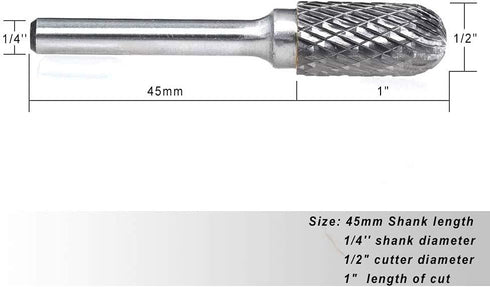 SC-5 Tungsten Carbide Burr, Cylinder Shape with Radius End, Double Cut Rotary Burr File (1/2" Cutter Dia X 1" Cutter
