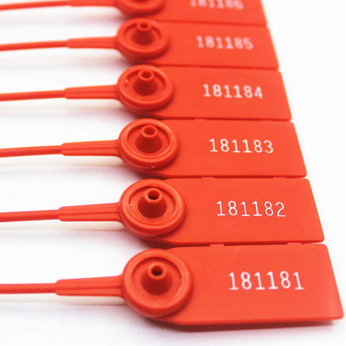 Middle Duty Security Plastic Seal with Metal Insert - 11 Inch Length, Numbered, Red Color, Package of 100