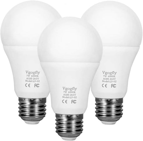 Vgogfly Dusk to Dawn Light Bulb, 7W Smart LED, E26 Base, Outdoor Indoor Lighting, Auto On/Off, Cool White, 3-Pack