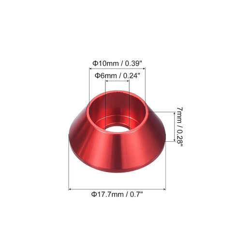 uxcell M6 Cone Cup Countersunk Washers, 50 Pcs Anodized Aluminum Gaskets for Mechanical Accessories Parts, Red.