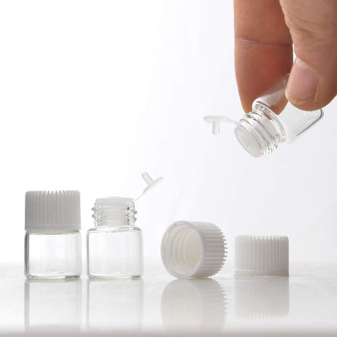Enslz 50 Pcs Oil Bottles for Essential Oils 1 ml Transparent Glass Vials with Orifice Reducers, White Caps, 2 pcs
