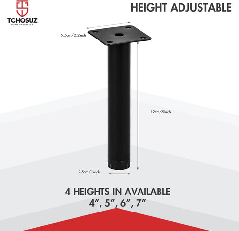 TCHOSUZ 5 inch 12cm Pack 4 / Adjustable Metal Furniture Legs, of Round Black Iron Heavy Duty Sofa Legs, DIY Replacement