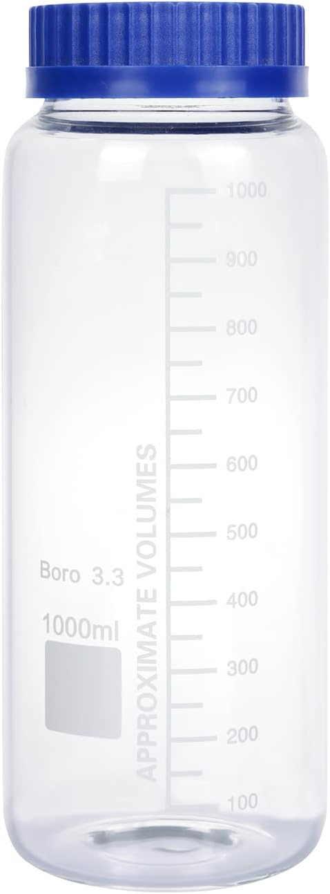 Moonetto 2 Pack 1000 mL Wide Mouth Graduated Round Borosilicate Glass Bottle with GL70 Blue Polypropylene Screw Cap