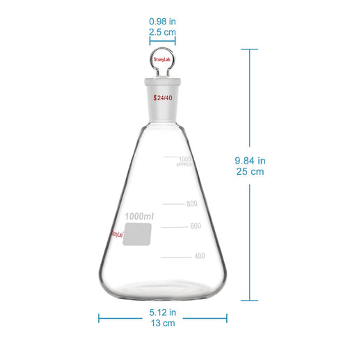 stonylab Glass 24/40 Erlenmeyer Flask with Stopper, 1000 ml Borosilicate Glass Heavy Wall Flask