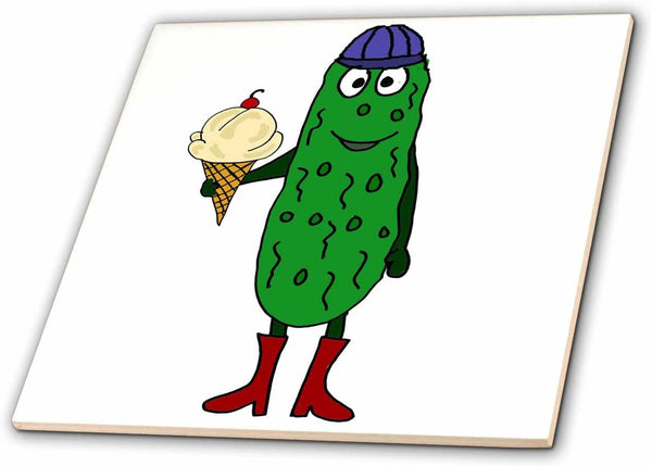 3dRose Funny Cute Pickle Eating Ice Cream Cone 12 Inch Ceramic Tile