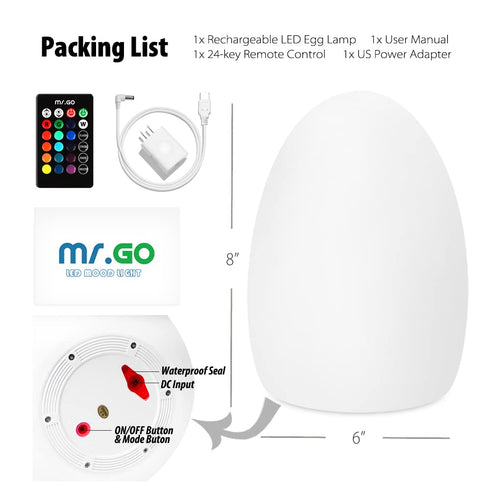 8-Inch Dimmable 16 8 Mr.Go Rechargeable LED Egg Light - Baby Night Light with Remote, Colors & Brightness, Waterproof
