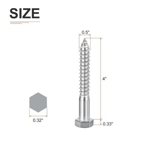 2 Pack 1/2" x 4" Hex Lag Bolts for Woodworking, 304 Stainless Steel Partial Thread Hexagon Head Screws