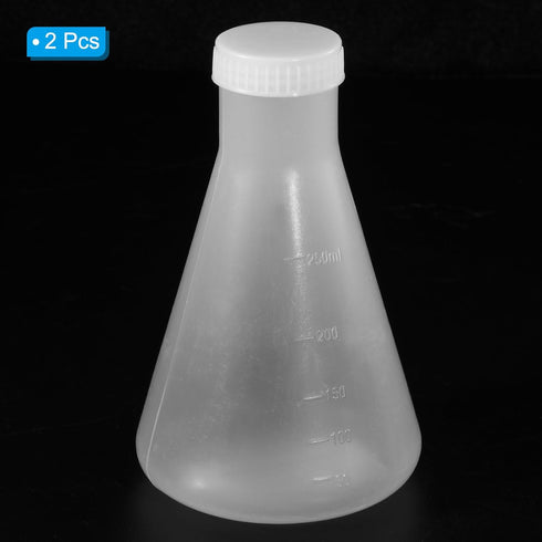 PATIKIL 250ml Plastic Erlenmeyer Flask, Clear, 2 Pack Narrow Mouth Conical Flask with Screw Caps for Laboratory