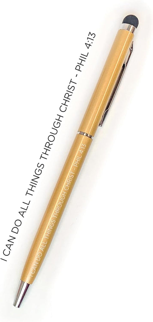 Scripture Pens with Stylus - I Can Do All Things, Gold Narrow Ballpoint Pen with Clip & Black Ink, Christian Gift