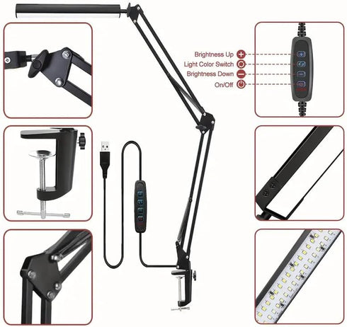 HDView 3 10 LED Desk Lamp with Eye-Caring Modes Brightness, Adjustable Swing Arm Long Flexible Lamp for Office Workers