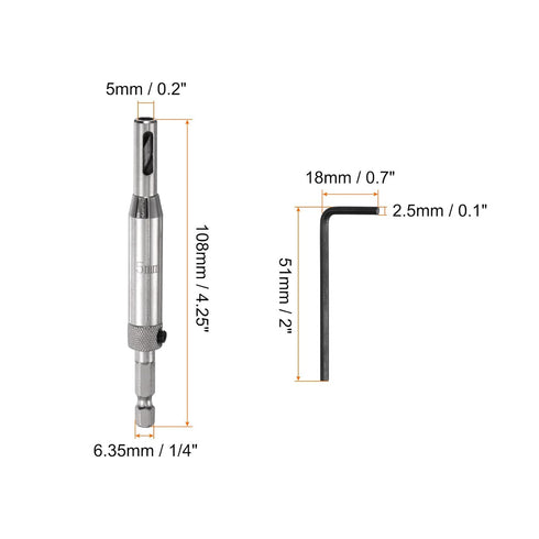 Self Centering Drill Bit Set 5mm, 1/4" Hex Shank Drilling Bits for Wood Working, Cabinet Door Hinge Hole Punch Tool Self Center with Hex Keys L-Shaped, Silver