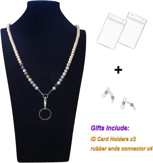 C&L Accessories Lanyards for ID Badges, Beaded Wooden Natural Stone Lanyard for Keys and Eyeglasses Chains (Amazonite