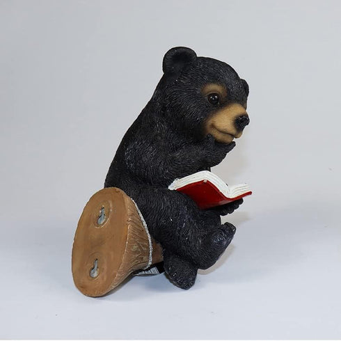 Sitting Bear Tree Hugger with Solar LED Light - Baby Bear Reading Book Garden Statue for Lawn, Yard, Patio Decor