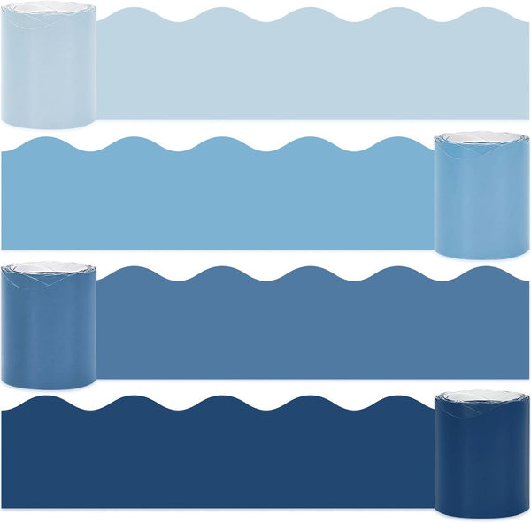 Whaline 65.6ft Blue Bulletin Board Borders, 4 Rolls Blue Series Die-Cut Board Trim for School Classroom