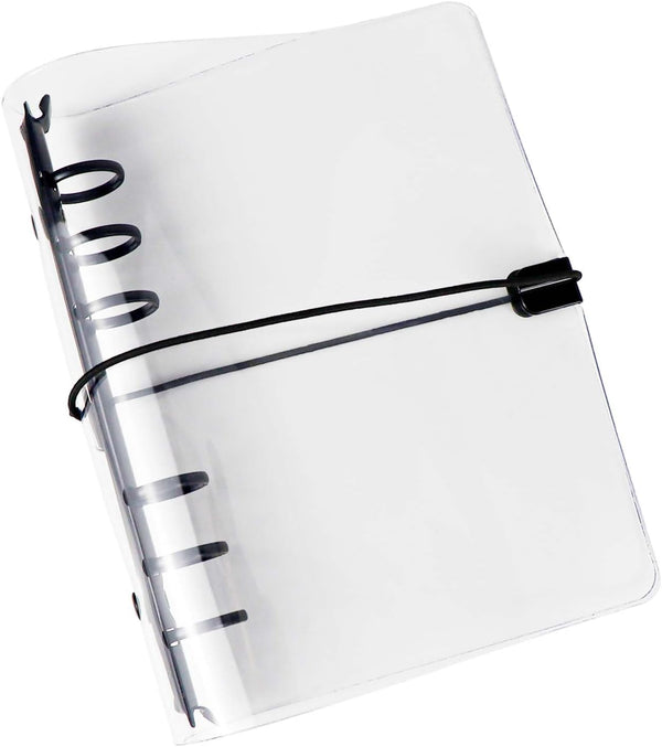 Clear A6 Binder with Elastic Band, 6 Black Rings Journal Planner, Thick PVC Notebook Cover for A6 Grid Paper Refills