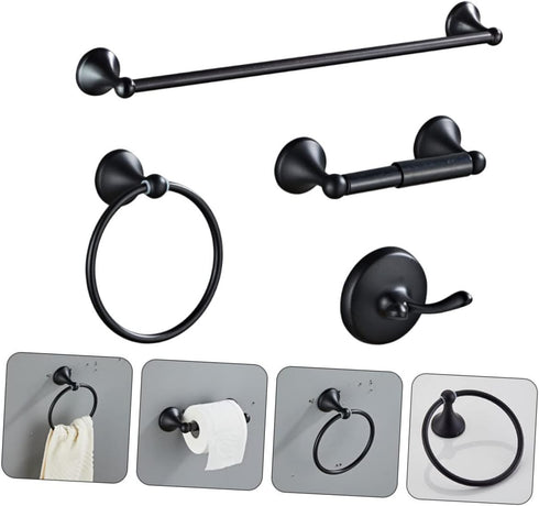 LIFKOME 4-Piece Set Bathroom Towel Rack Zinc Alloy and Stainless Steel Wall-Mounted Towel Holder Hooks Black Finish