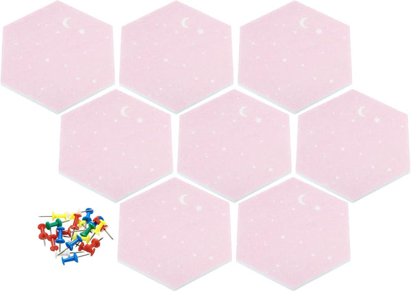 PATIKIL 8 Pack Hexagon Felt Board Tiles, Self Adhesive Mini Moon Wall Pin Bulletin Board with Push Pins for Home Decor,