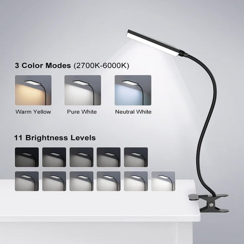 LED Desk Lamp with Clamp for Home Office, Dimmable Clip on Desk Light with USB Port, 3 Color Modes 11 Brightness Flexible Gooseneck Reading Lamp for Studying Working, Black by MONGERY
