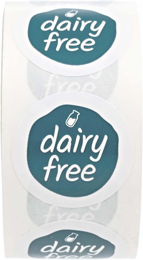 500 1" Blue Dairy Free Stickers / Small White Gloss Circle Labels/Chic Teal Lactose Free Food Safety Seals with Modern