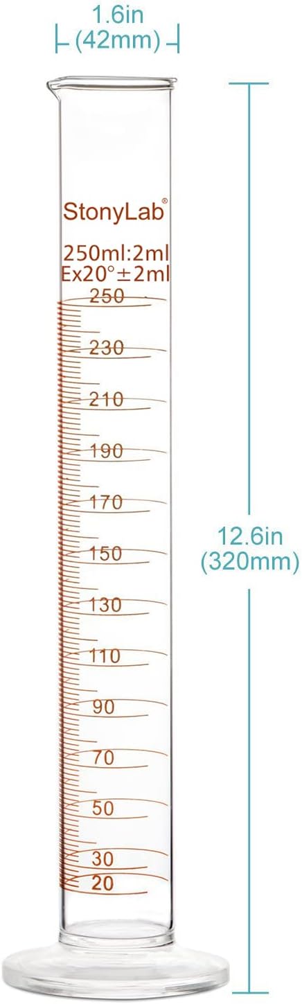 stonylab 1-Pack Graduated Cylinder, Borosilicate Glass 250 ml Heavy Wall Measuring Cylinder
