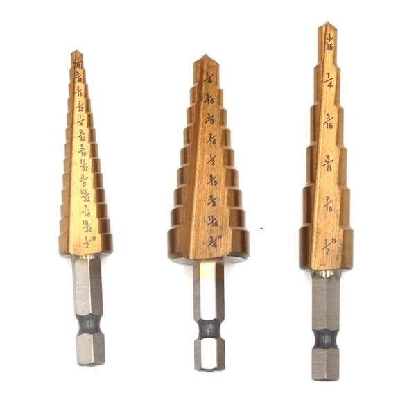 1/4" Hex Shank Titanium Coated HSS 4241 Uni Bit Multi-Size Step Drill Bit Set, 3 Pics for Quick Hole Drilling