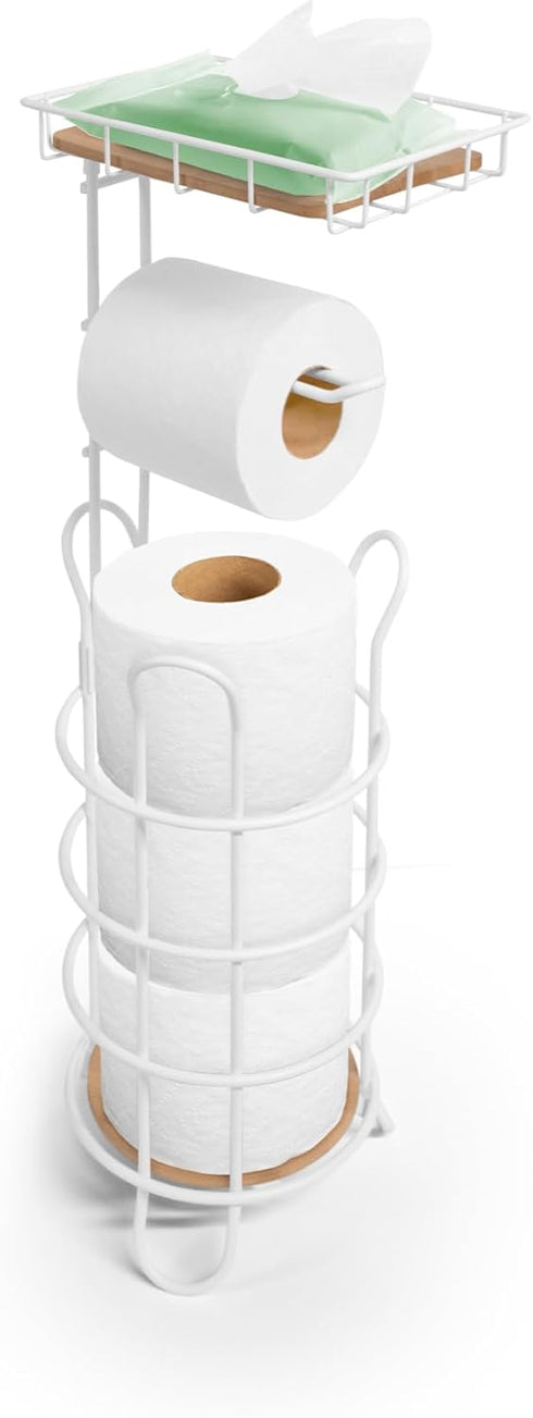 Inspired Living Toilet Paper Holder Stand with Phone or Wipes Bamboo Shelf, Durable Free