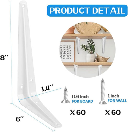 Eledom 20 Pack 8 Inches Shelf Brackets White, Heavy Duty Steel Metal L Brackets for Shelves, J Brackets Wall Angel