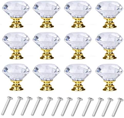 YourGift 6 Pack Drawer Knobs, Diamond Shaped Crystal Glass 30mm Cabinet Pull Handles (Gold)