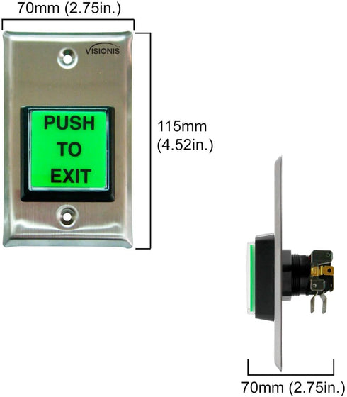 Visionis Push to Exit Button VIS-7000, Indoor Green Square Request to Exit, Stainless Steel for Door Access Control