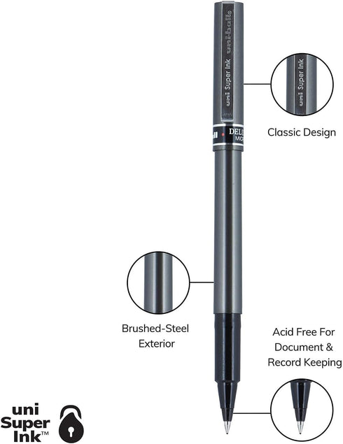 Uni-ball 60025 Deluxe Stick Roller Ball Pen, Micro 0.5mm, Black Ink, Metallic Gray Barrel, Dozen