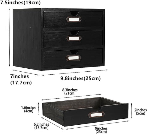 Wooden Storage Box Rustic Desktop Organizer with 3 Drawers, Office Desk Accessories Shelf for Craft Storage