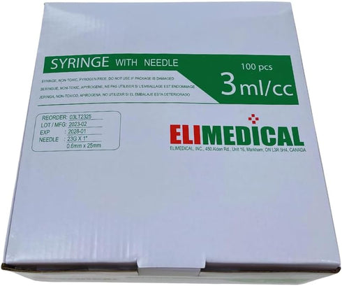 Veterinary Syringe with Needle, Luer Lock 3cc (3ml), 23G x 1 inch, Individually Sealed, 100 per box