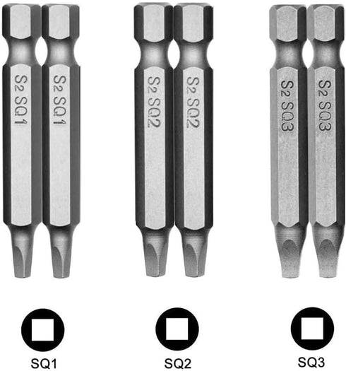 Fixinus 6 Pieces Square Screwdriver Bits, 1/4 inch Hex Shank S2 Steel Magnetic Bit Set, 50mm Length