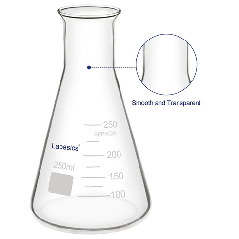 Glass Wide Mouth Erlenmeyer Flask, Borosilicate Glass Erlenmeyer Flask with Heavy Duty Rim, 250 ml Capacity (Pack of 1)