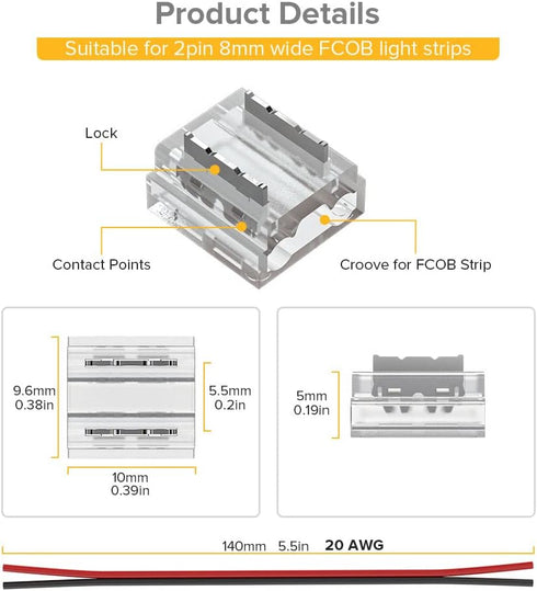 BTF-LIGHTING FCOB COB Connector Kit, 14pcs Transparent Connector with 5pcs 15cm Long 20AWG Extension Wires