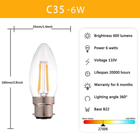 C35 Dimmable 6W B22 C35 2700K, 60W Bulbs Bulbs,900Lumen 2-Pack Vintage Bayonet LED Light Blub Chandelier Warm White