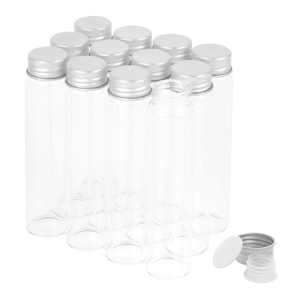 40ml Glass Clear Test Tubes with Screw Caps and Plastic Stoppers, Leak-Proof Flat Test Tubes, 12PCS