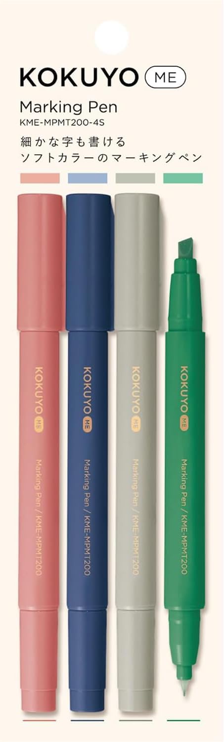 Kokuyo Me Dual Tip Highlighters Set, 4 Pack, Deep Nature Color, Aesthetic Fine & Chisel Tip Bible Highlighters