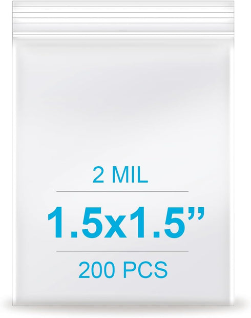 1.5''x 1.5'', (Pack of 200) 2 mil Thick Clear Plastic Reclosable Zip Poly Bags with Resealable Lock Seal for Storage
