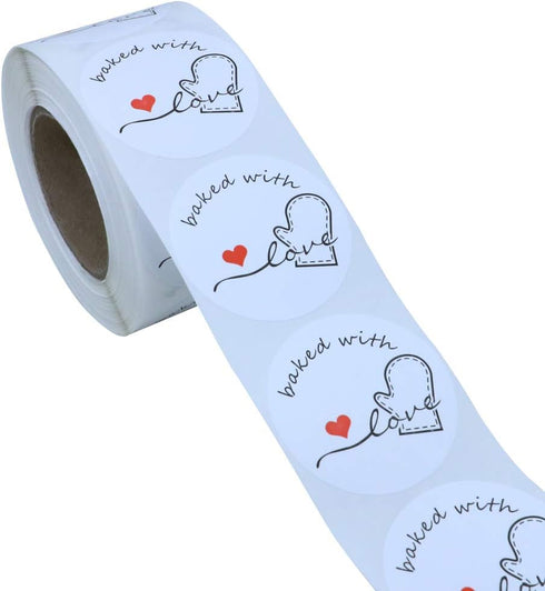 Hybsk Rustic Baked with Love Stickers, 1.5" Inch Round Adhesive Labels (Total 500 Per Roll, Glossy)