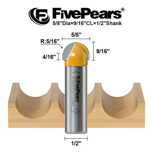 1/2 inch 5/8 inch 9/16 Fivepears Core Box Router Bit with Shank Cutting Diameter Cutting Length for DIY Woodwork