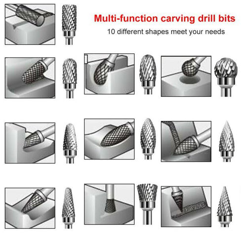 Carbide Burr Set: 10Pcs Rotary Burr Set Head with 1/8" Shank for Die Grinder Bit Tool