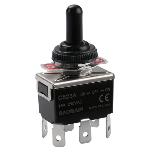 Baomain Toggle Switch with Waterproof Boot Cap, AC 250V 15A DPDT 3 Position ON/OFF/ON, Pack of 5