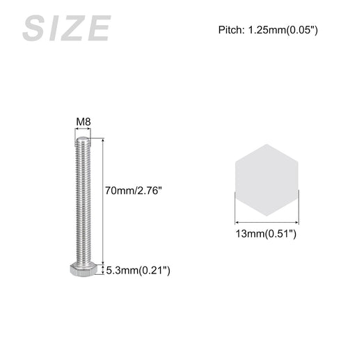 Hex Bolts (M8-1.25x70mm) 10Pcs, 304 Stainless Steel Coarse Fully Threaded Hex Head Screw Bolts for Furniture