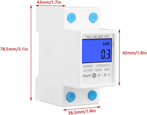 Energy Meter, Small 5 32A 110 130V 60Hz DDS528L LCD Backlight Single Phase KWh Meter