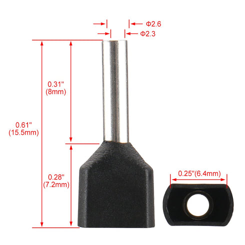 Baomain 100 Pack of AWG 16/1.5mm² Copper Crimp Connector Twin Insulated Ferrule Pin Cord End Terminal TE1508 Black