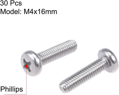 uxcell M4x16mm Machine Screws Pan Phillips Cross Head Screw 304 Stainless Steel Fasteners 30Pcs